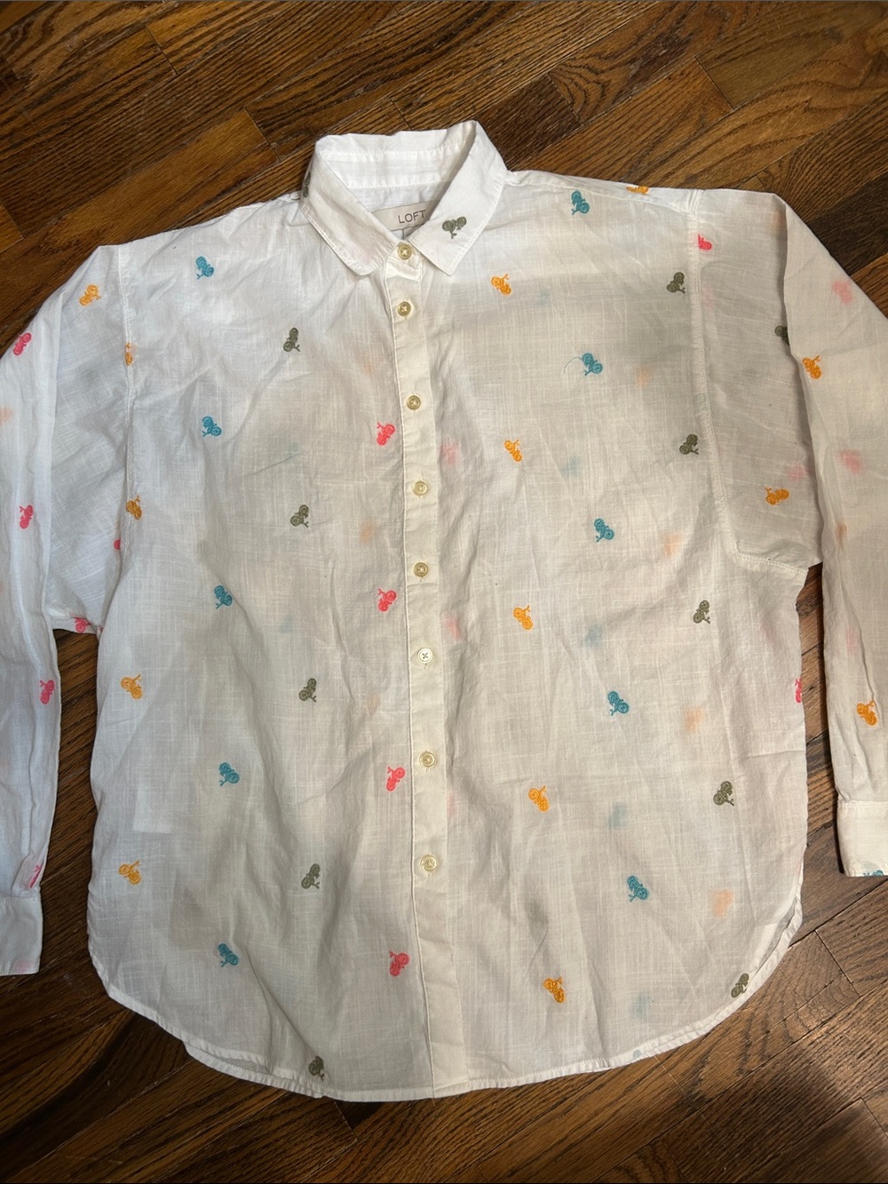 LOFT White Button-Up women’s w/Multicolor Bicycle Embroidery, Sz  XS adorable